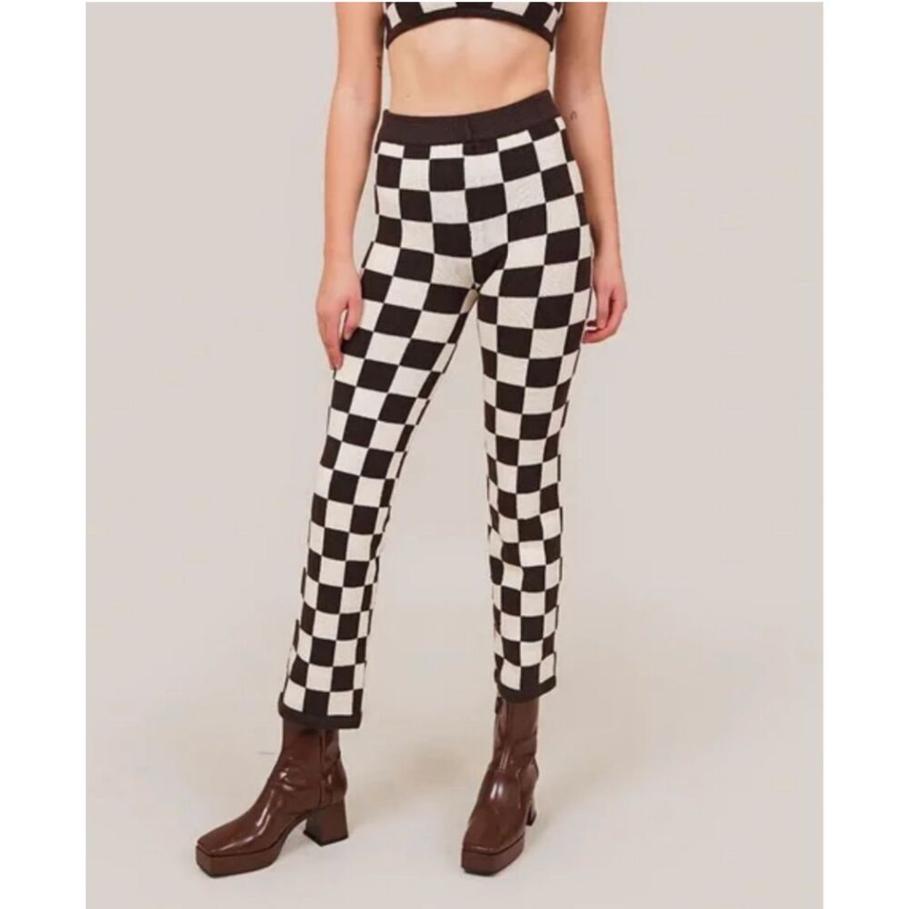 BELLE THE LABEL Carob Brown Knit Checkerboard Ankle Pants Womens XS Retro Boho